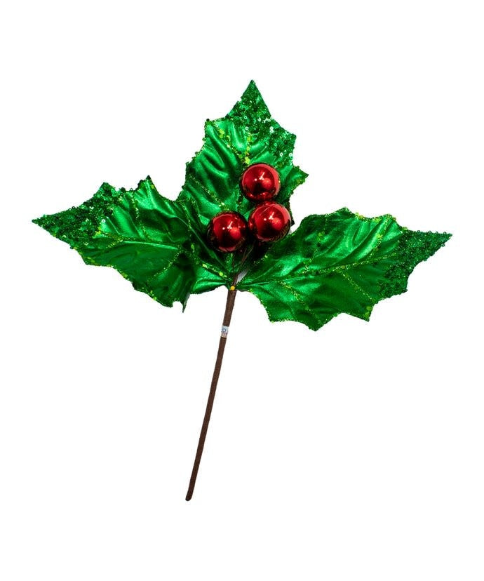 Green polyester holly leaf pick with red berries on a wooden stem.