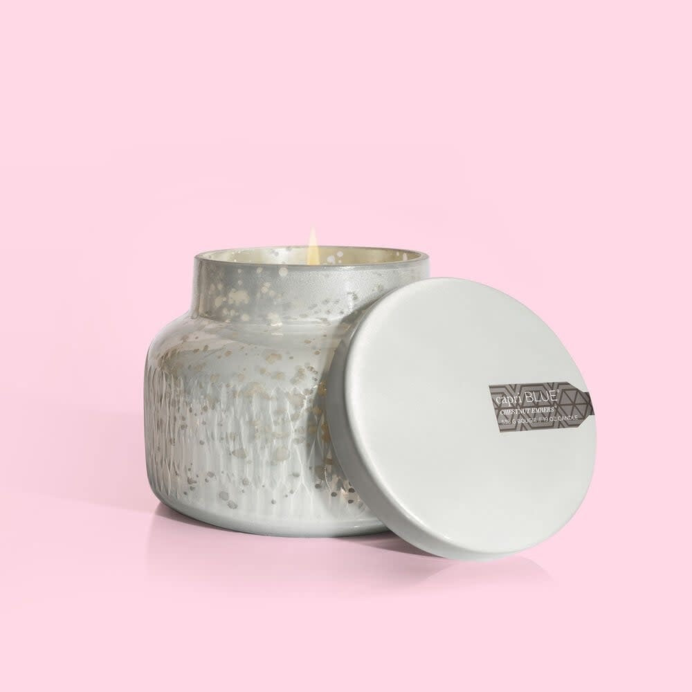 Mercury Signature jar with pearl etched vessel holding Chestnut Embers Holiday fragrance