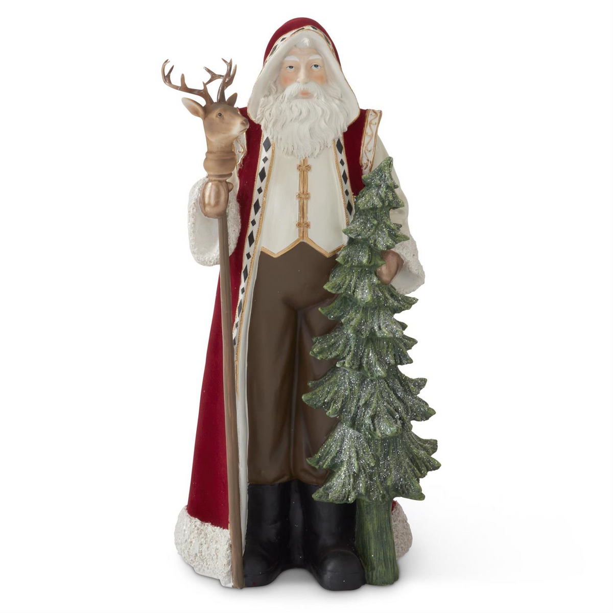 19.5-inch Santa figurine wearing a burgundy cape, holding a deer-topped staff and a green tree.