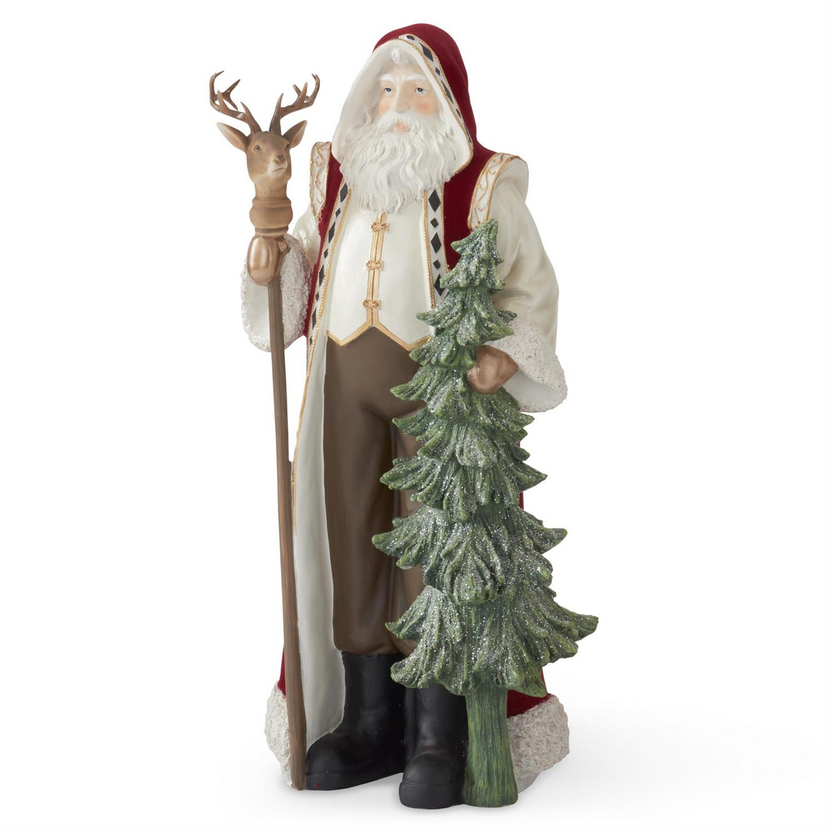 19.5-inch Santa figurine in a burgundy hooded cape holding a staff and a green Christmas tree.