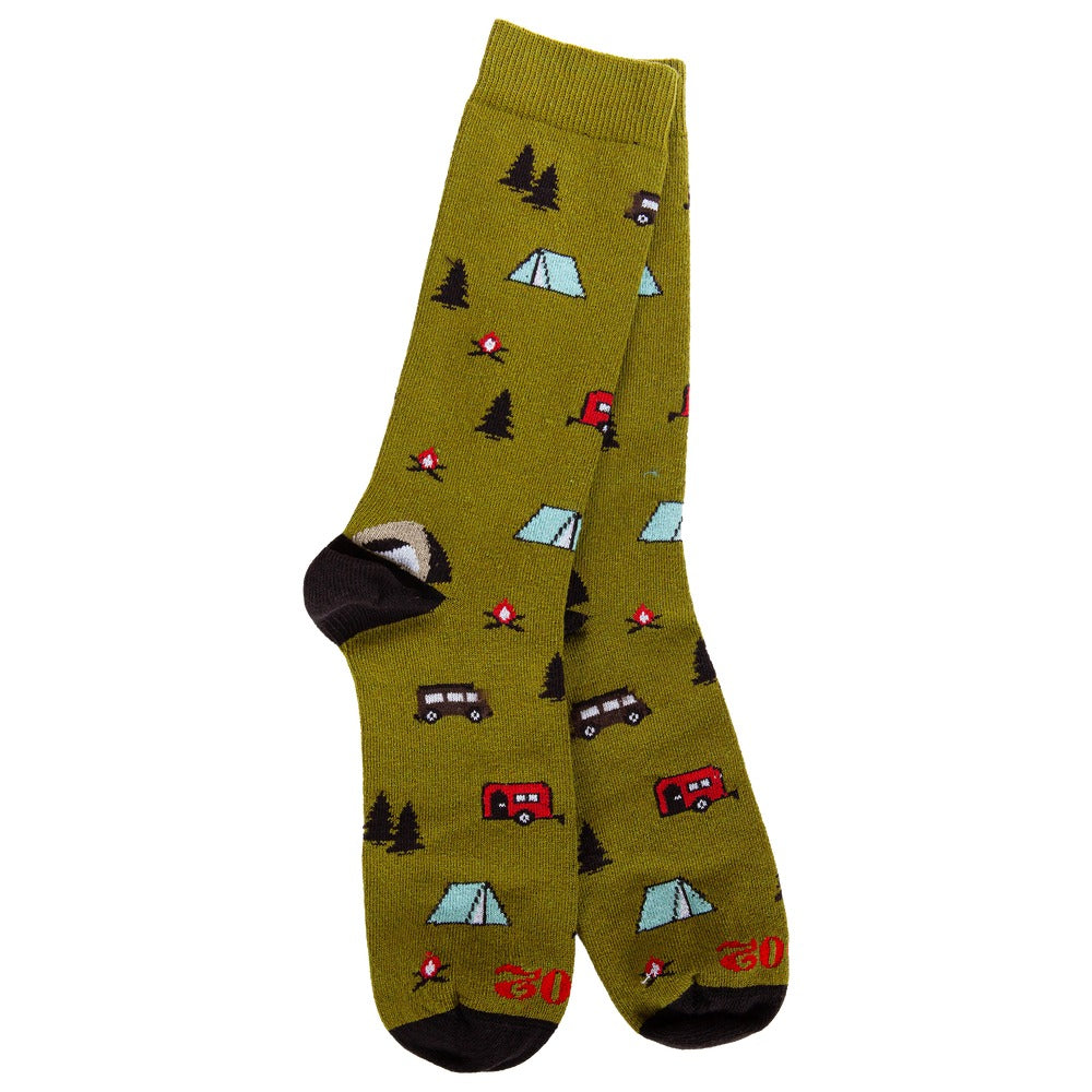 Olive green crew socks with a camping pattern featuring tents, trailers, vans, and campfires.