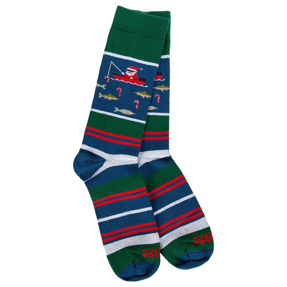 Green and blue crew socks featuring a fishing Santa in a boat with candy canes and fish.