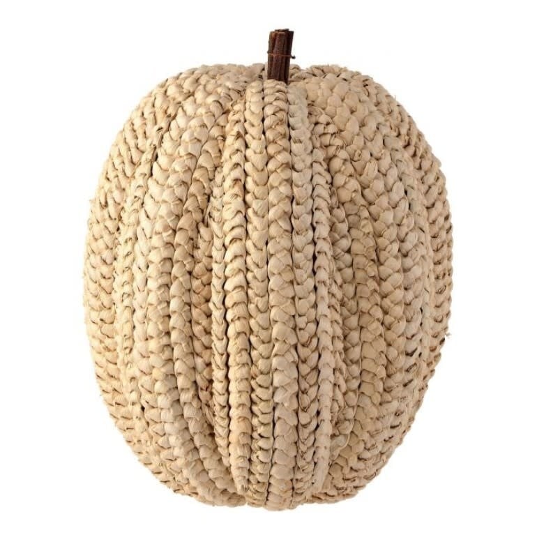 Cream-colored basket weave pumpkin with twig stem on flat base