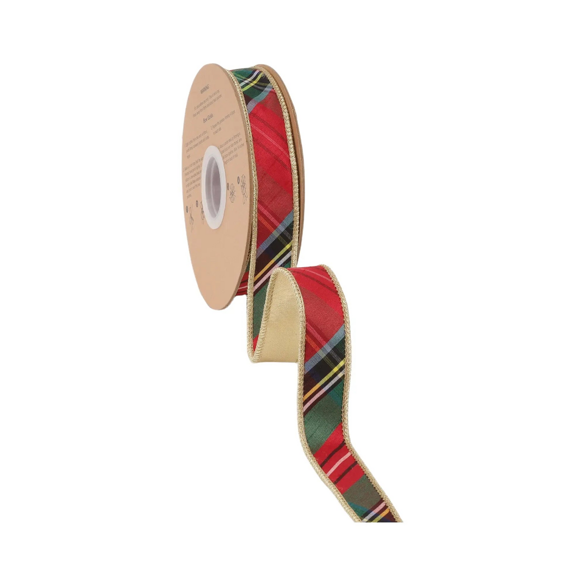 1 inch wired Christmas plaid ribbon with metallic gold backing on a 10 yard roll.