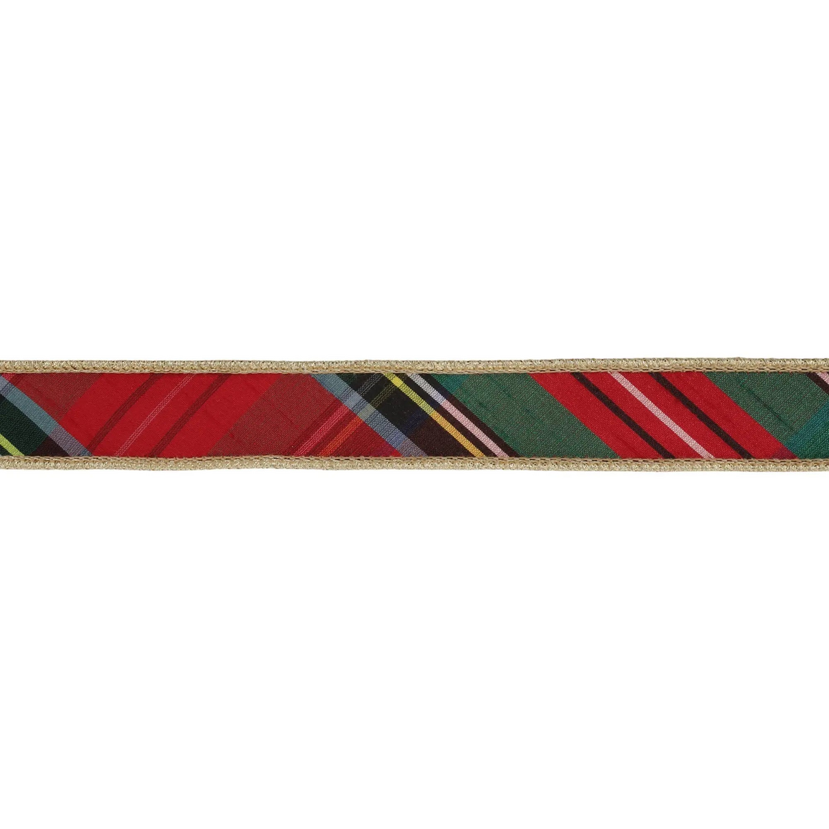 1 inch wired Christmas plaid ribbon with red and green diagonal stripes and gold metallic edges.