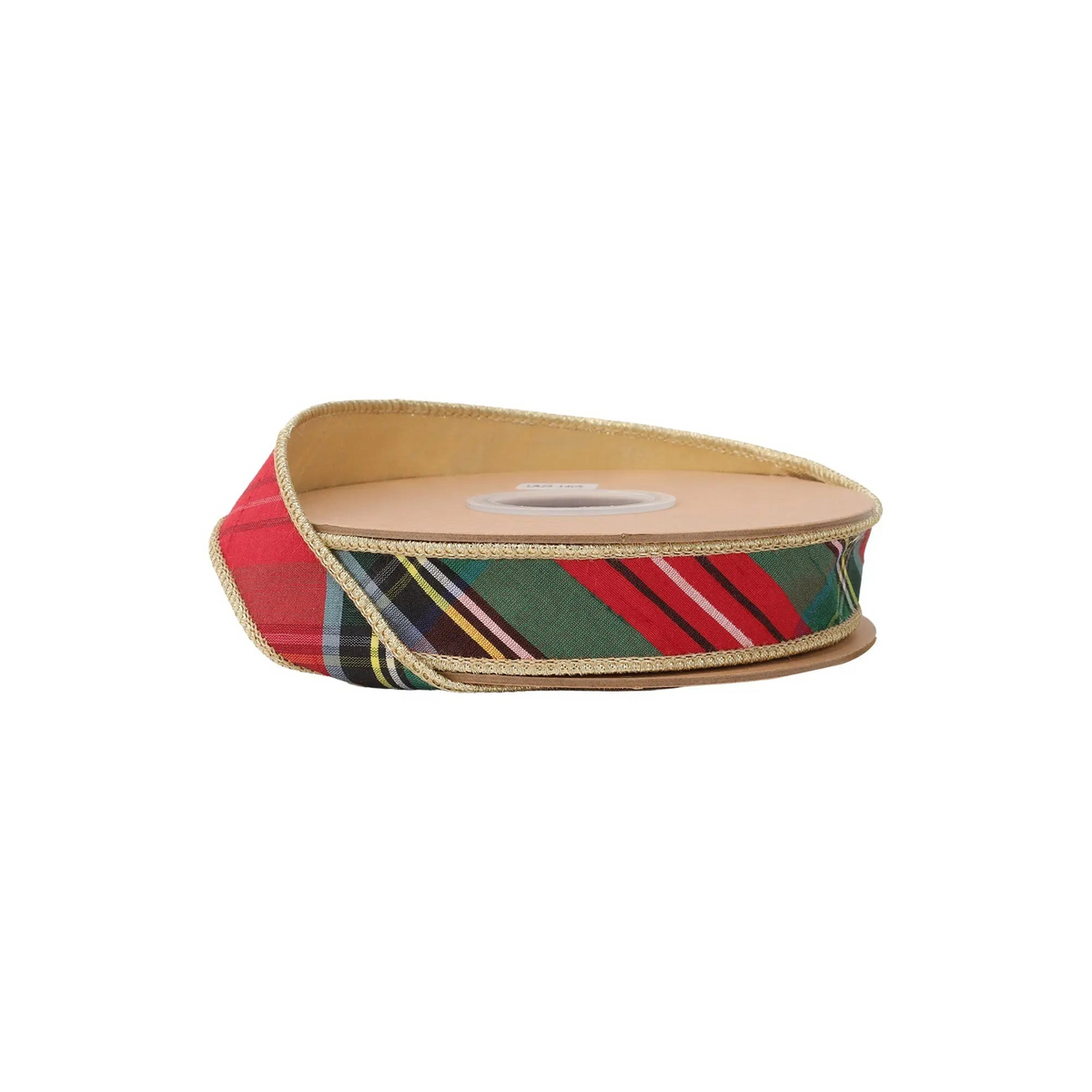 1 inch wired Christmas plaid ribbon with metallic gold backing on a 10 yard roll.