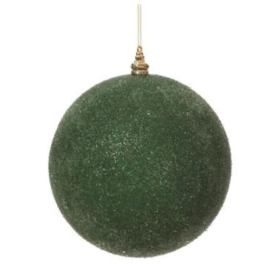 Green beaded plastic ball ornament with a spherical shape.
