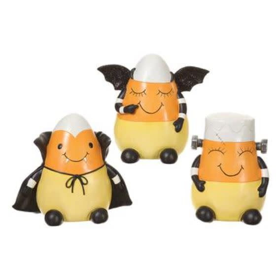 Yellow polyresin Halloween candy corn figurine with orange accents.