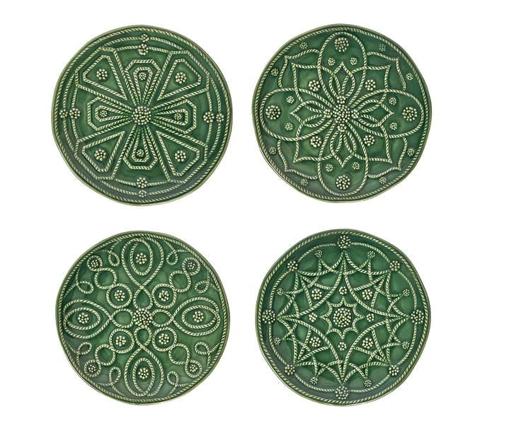 Set of four Jardins Du Monde stoneware cocktail plates in deep verdant green with intricate berry and thread patterns.