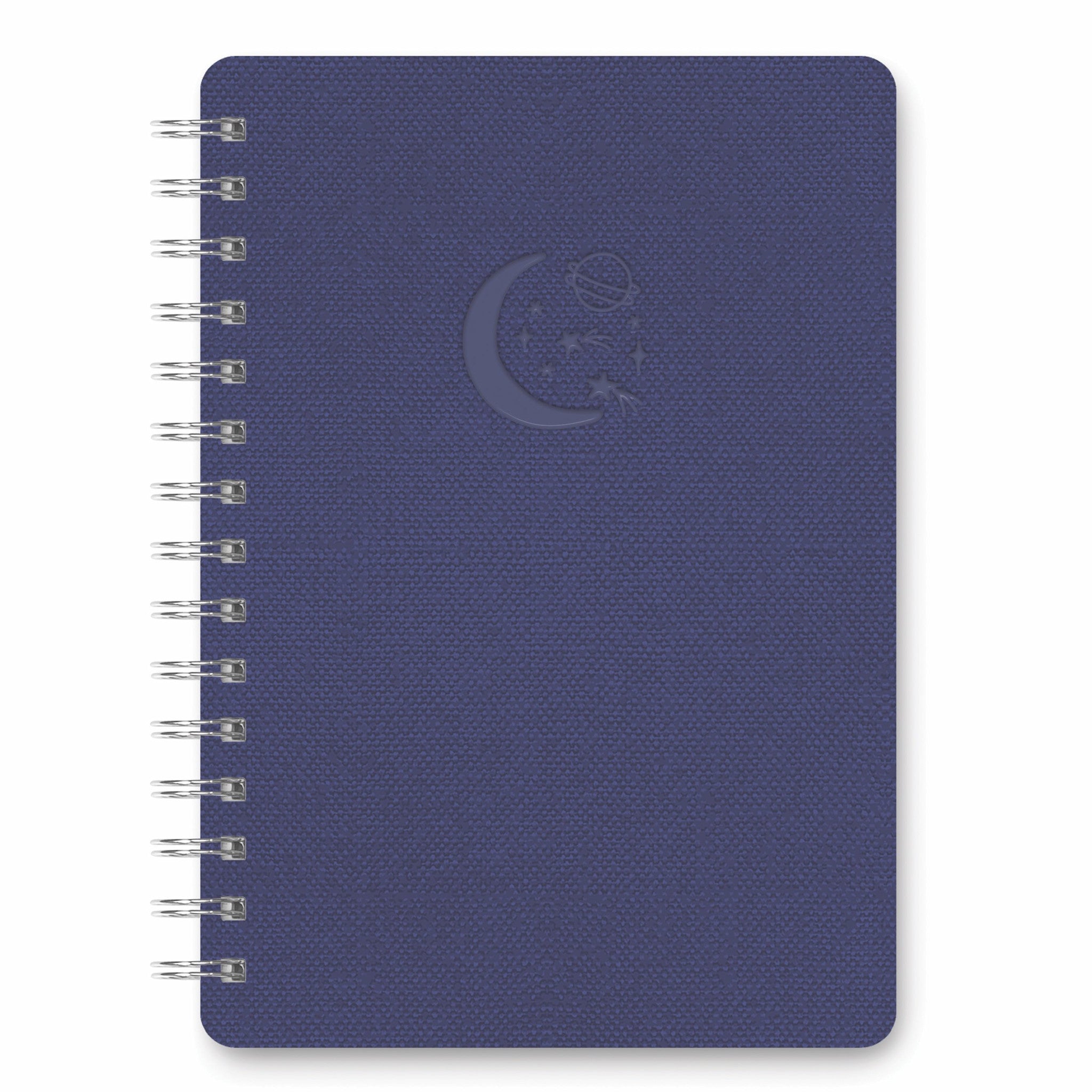 Navy vegan debossed cover notebook with rounded corners, wire-o binding, lined pages, and a double-sided storage pocket.