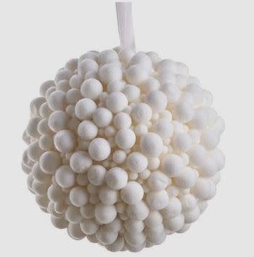 Red pom-pom ball Christmas ornament with gold cap.