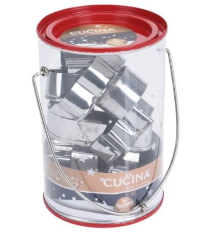 Stainless steel Christmas cookie cutter set with festive shapes in a metal container.