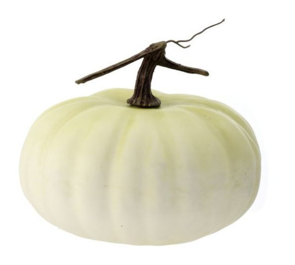 Cream-colored latex harvest pumpkin decoration with a vine stem, 12 inches long.