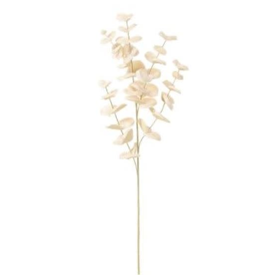34-inch cream-colored faux eucalyptus leaf spray with a slender stem and soft, rounded foliage.