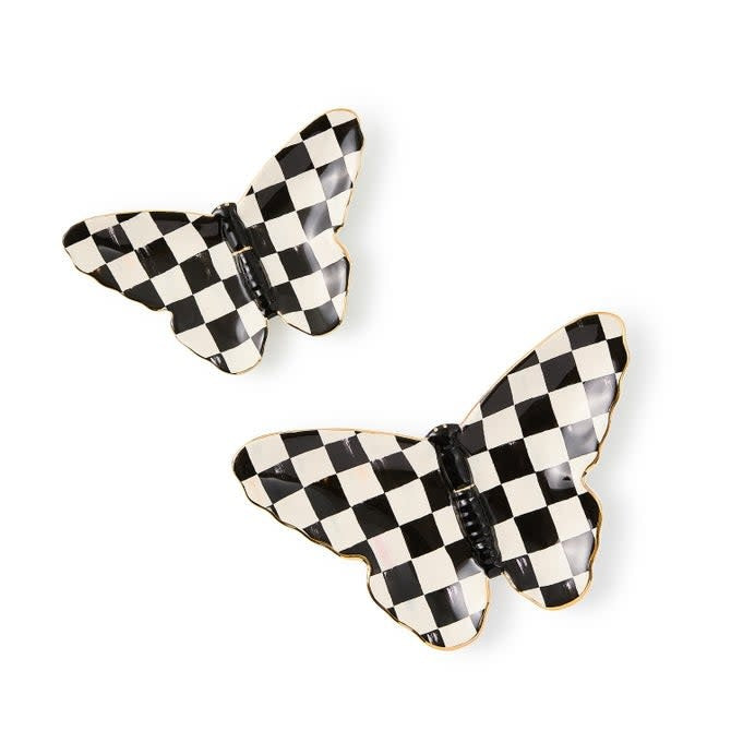 Set of two hand-painted ceramic butterfly trinket dishes with gold lustre accents in small and large sizes.