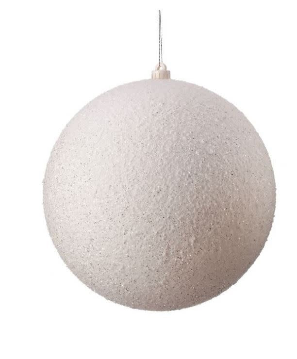 8-inch white snowball ball ornament with faux snow texture on a spherical silhouette.