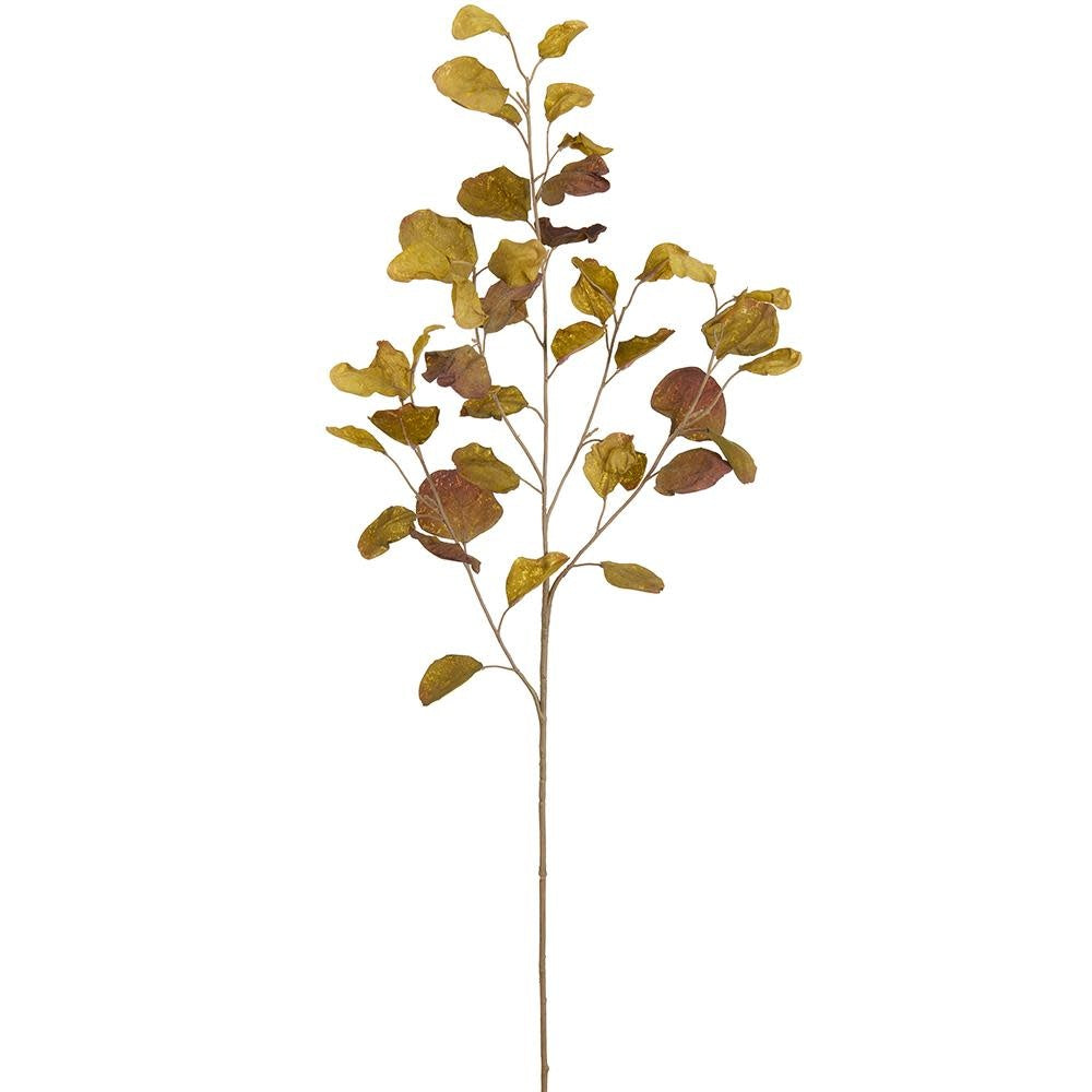 A 38.5-inch artificial eucalyptus spray with green and reddish-brown leaves on a thin stem.