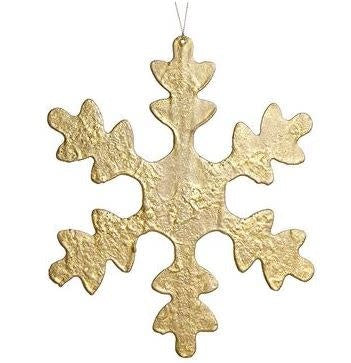Gold metal snowflake ornament with a textured finish and a hanging loop.