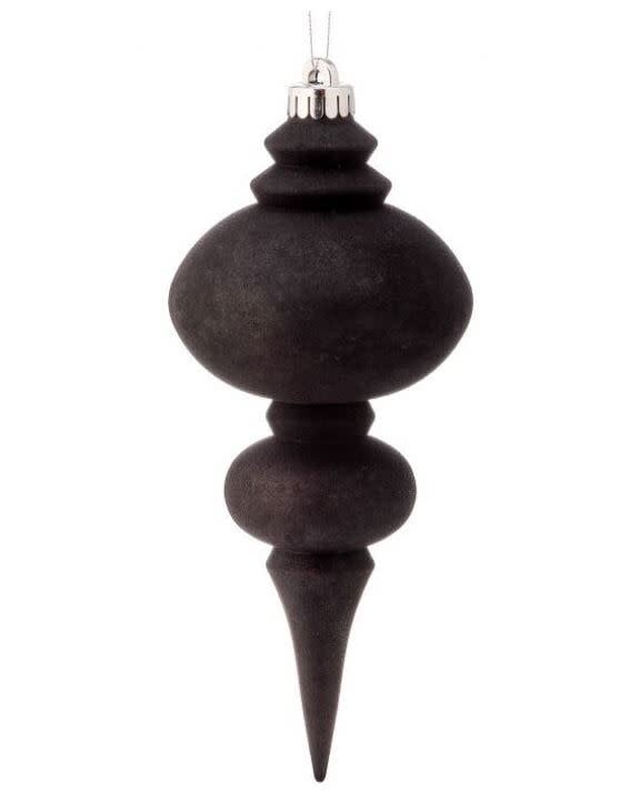 10-inch black frosted finial ornament with a tiered, bulbous silhouette and silver hanging loop.