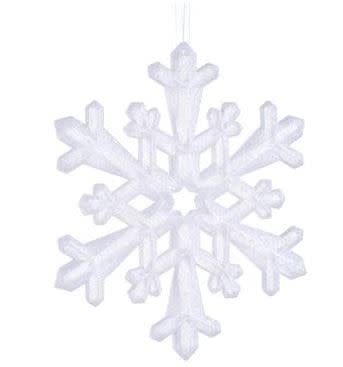 Frosted plastic snowflake ornament with a delicate white winter pattern.