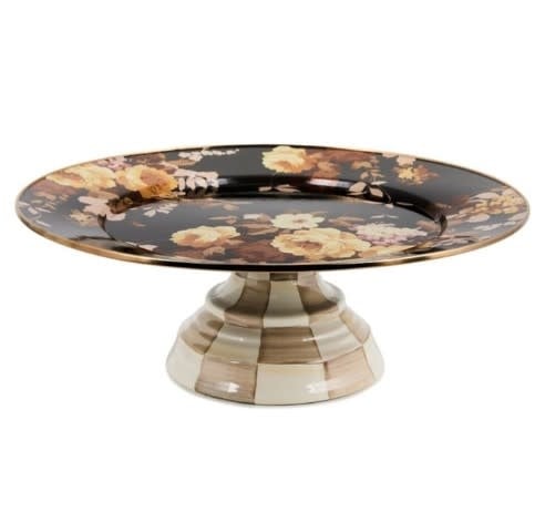 Small pedestal platter with hand-painted mocha checks on steel base and bronzed stainless rim.