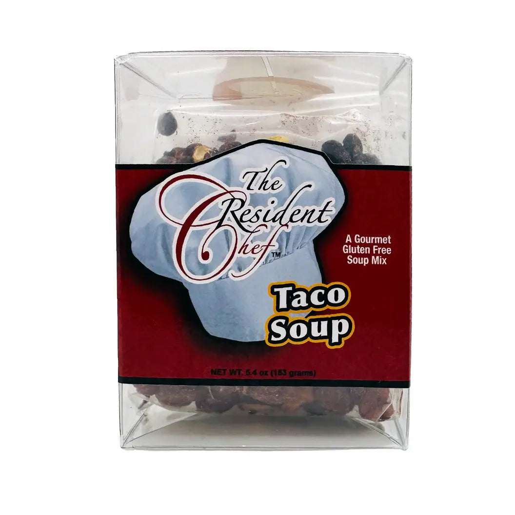 The Resident Chef Taco Soup mix in a clear rectangular plastic container with a red label.