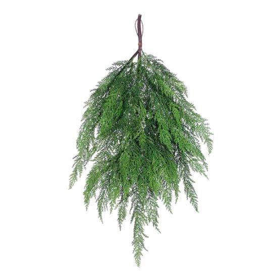 A 36-inch artificial green cedar teardrop swag with a rustic hanging loop.