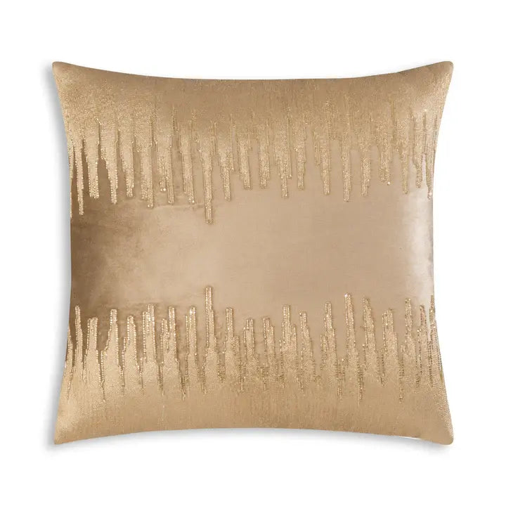 Square beige stone velvet pillow with abstract gold embroidery thread and zipper closure.