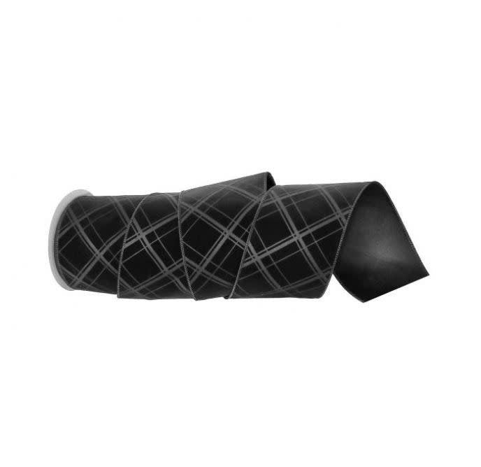4-inch wide emossed plaid velvet wired ribbon in red and black pattern