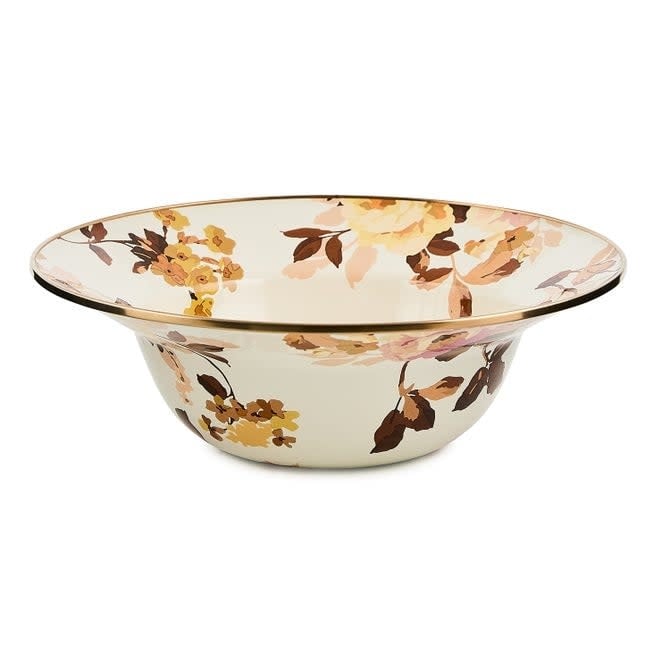 White Wild Rose serving bowl with hand-applied floral pattern on heavy-gauge steel and bronzed stainless steel rim.