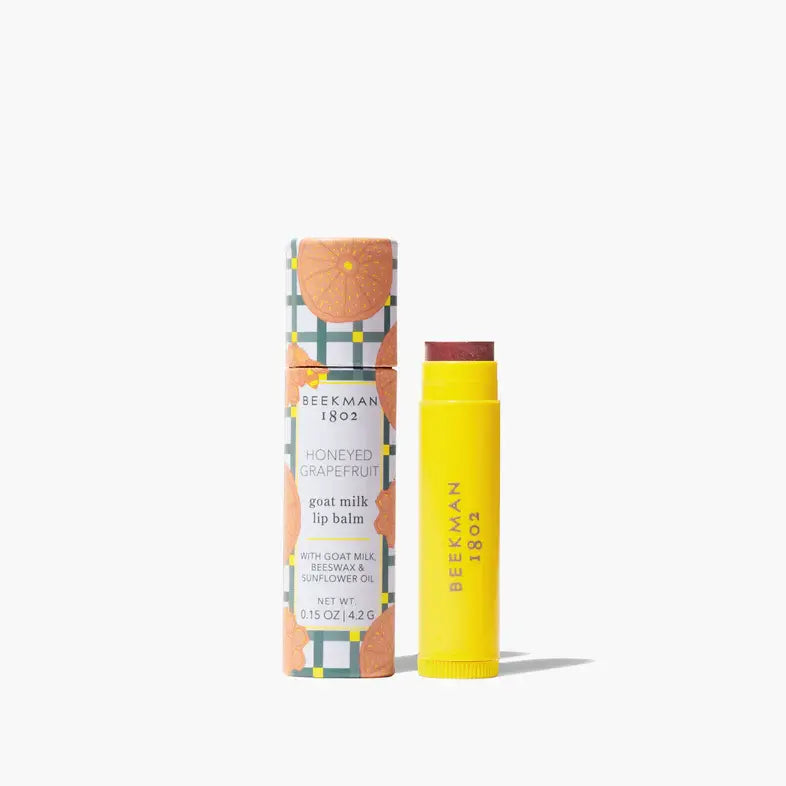 Beekman Lip Balm in clear paper tube with gingham pattern packaging