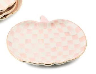 Ceramic dessert plate with hand-painted rosy check pumpkins in a Halloween pattern.