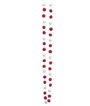 Red and white pompom garland draped horizontally with a soft, textured silhouette.