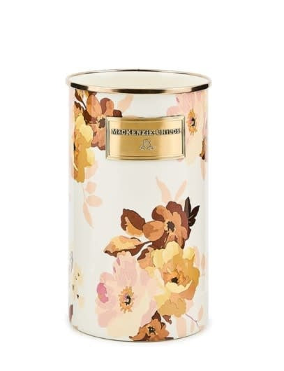 Hand-glazed steel utensil holder with bronzed stainless rim in white wild rose transfer pattern.