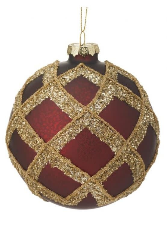 4-inch cranberry glass ball ornament with a gold glitter lattice pattern and a gold hanging loop.