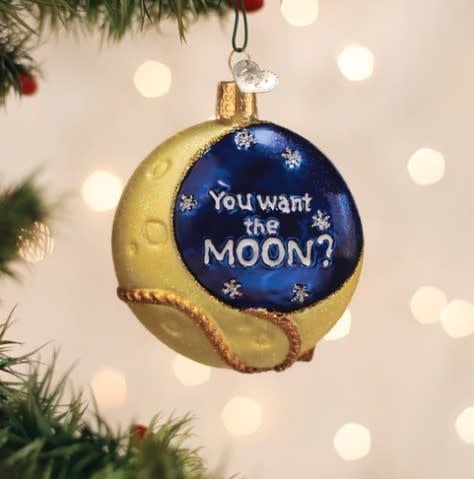 Lasso the Moon ornament: a 3.25-inch silver metallic crescent moon with a rope lasso design.