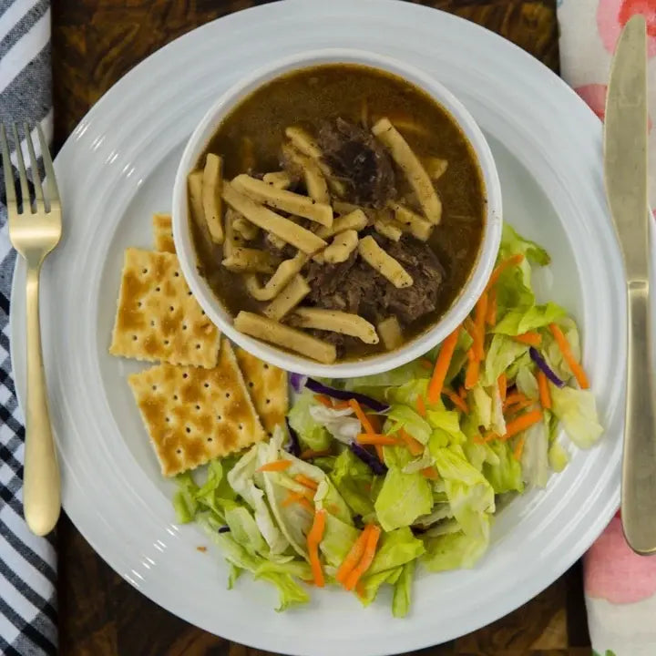 Beefy Noodle Soup crockpot dish with chuck roast and egg noodles