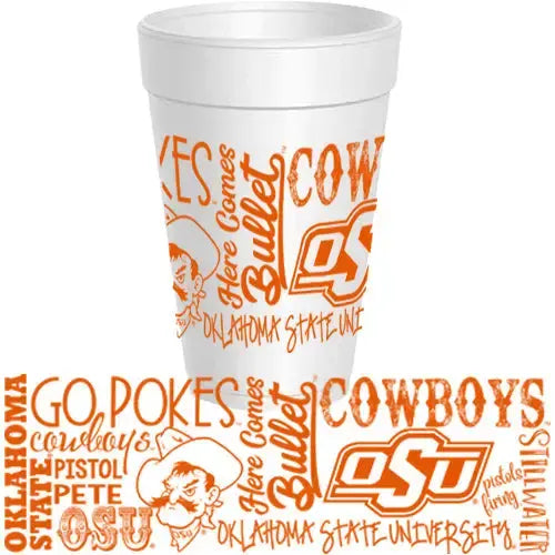 Ten-pack of white 16 oz Styrofoam cups with black 'Osu - Traditions' font wrap design.