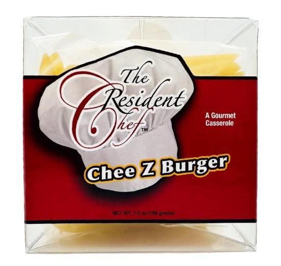 Chee Z Burger comfort food mix with noodles, ground meat, cream cheese, and tomatoes in a skillet.