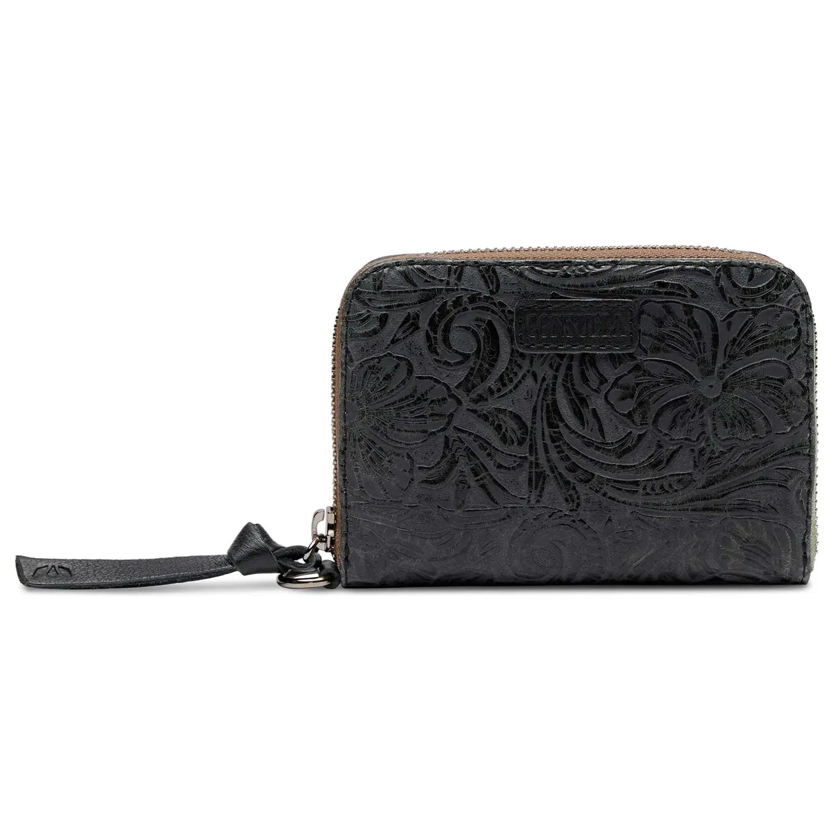 Steely tooled leather Zippy wallet with zip closure, exterior card slots, and D-ring attachment.