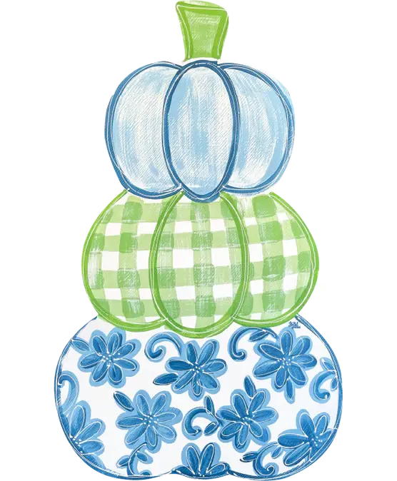 Wooden door hanger featuring stacked green and blue pumpkins with flowers.