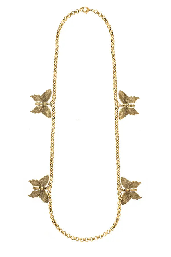 Front view of a gold-plated brass butterfly necklace with four two-inch butterflies on a twenty-inch chain.