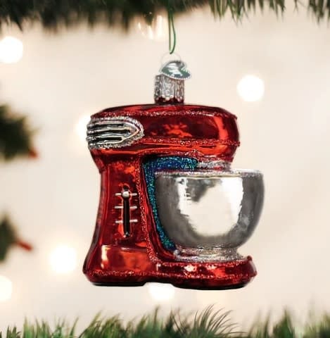 Vintage-style mixer ornament in cream ceramic with gold accents.