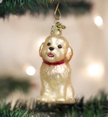3.25-inch white ceramic ornament shaped like a Cockapoo puppy with curly fur and black eyes.