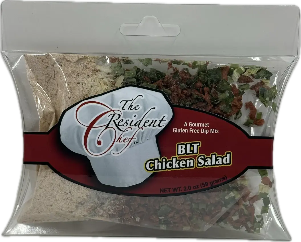 Open package showing BLT Chicken Salad mix ingredients including cream cheese, diced tomatoes, and mayonnaise.