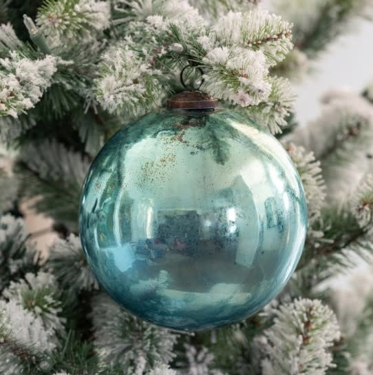 Extra-large shiny blue glass ball ornament with antique finish