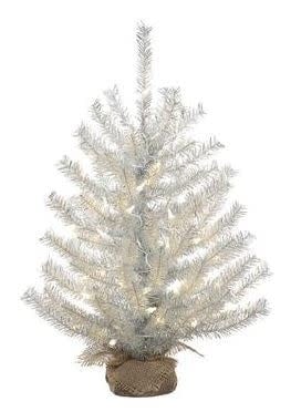 24-inch silver tinsel Christmas tree with 50 LED lights in a burlap base.