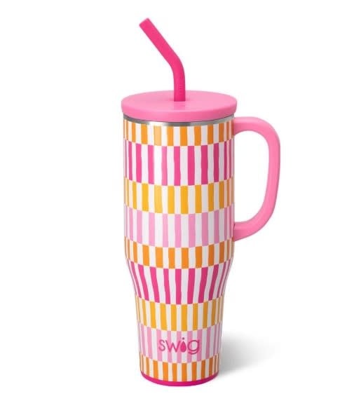 40 oz insulated mug with pale blush background featuring bright pink and orange cabana stripes.