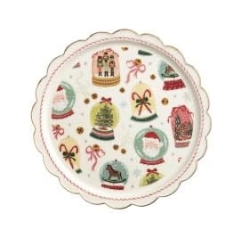 Round stoneware Christmas candy platter with hand-painted festive rim details