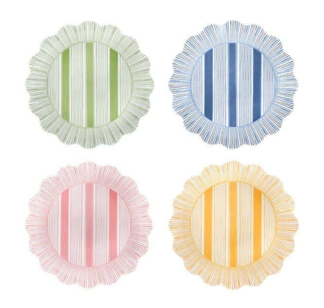 Cabana stripe melamine dessert plate with vibrant ruffle trim